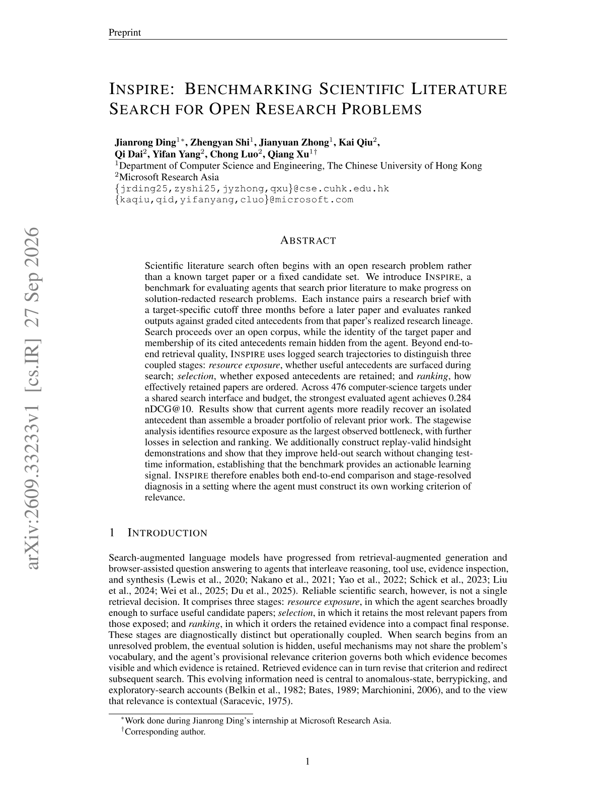 Inspire: Benchmarking Scientific Literature Search for Open Research Problems