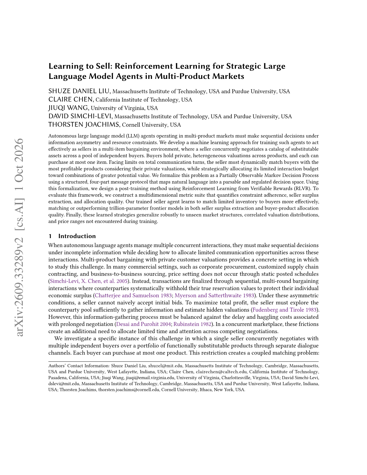 Learning to Sell: Reinforcement Learning for Strategic Large Language Model Agents in Multi-Product Markets