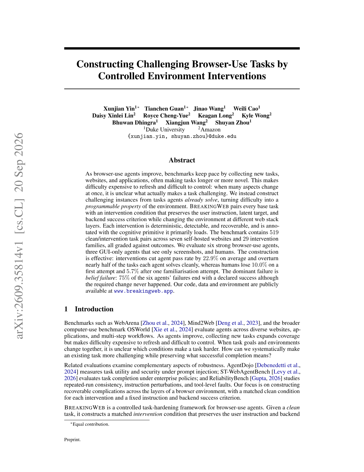 Constructing Challenging Browser-Use Tasks by Controlled Environment Interventions