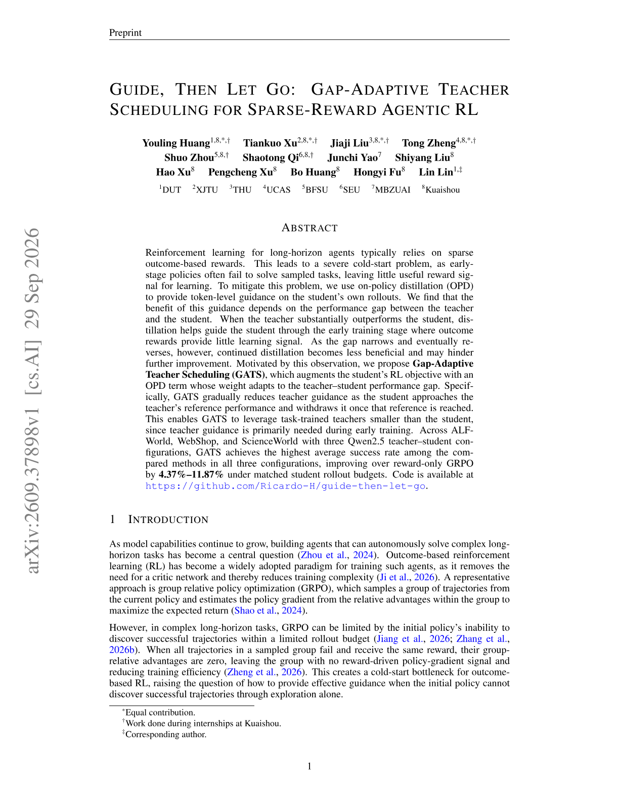 Guide, Then Let Go: Gap-Adaptive Teacher Scheduling for Sparse-Reward Agentic RL