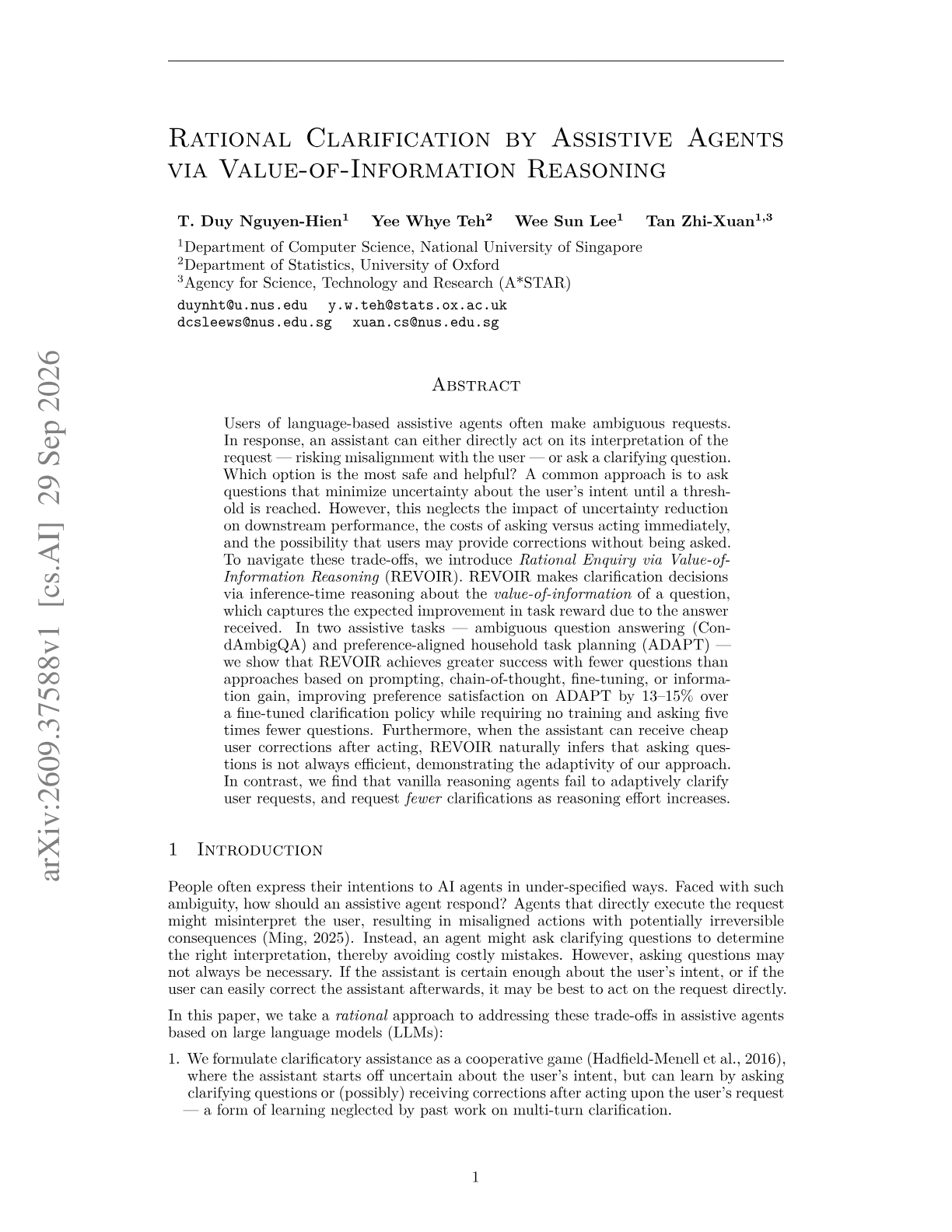 Rational Clarification by Assistive Agents via Value-of-Information Reasoning
