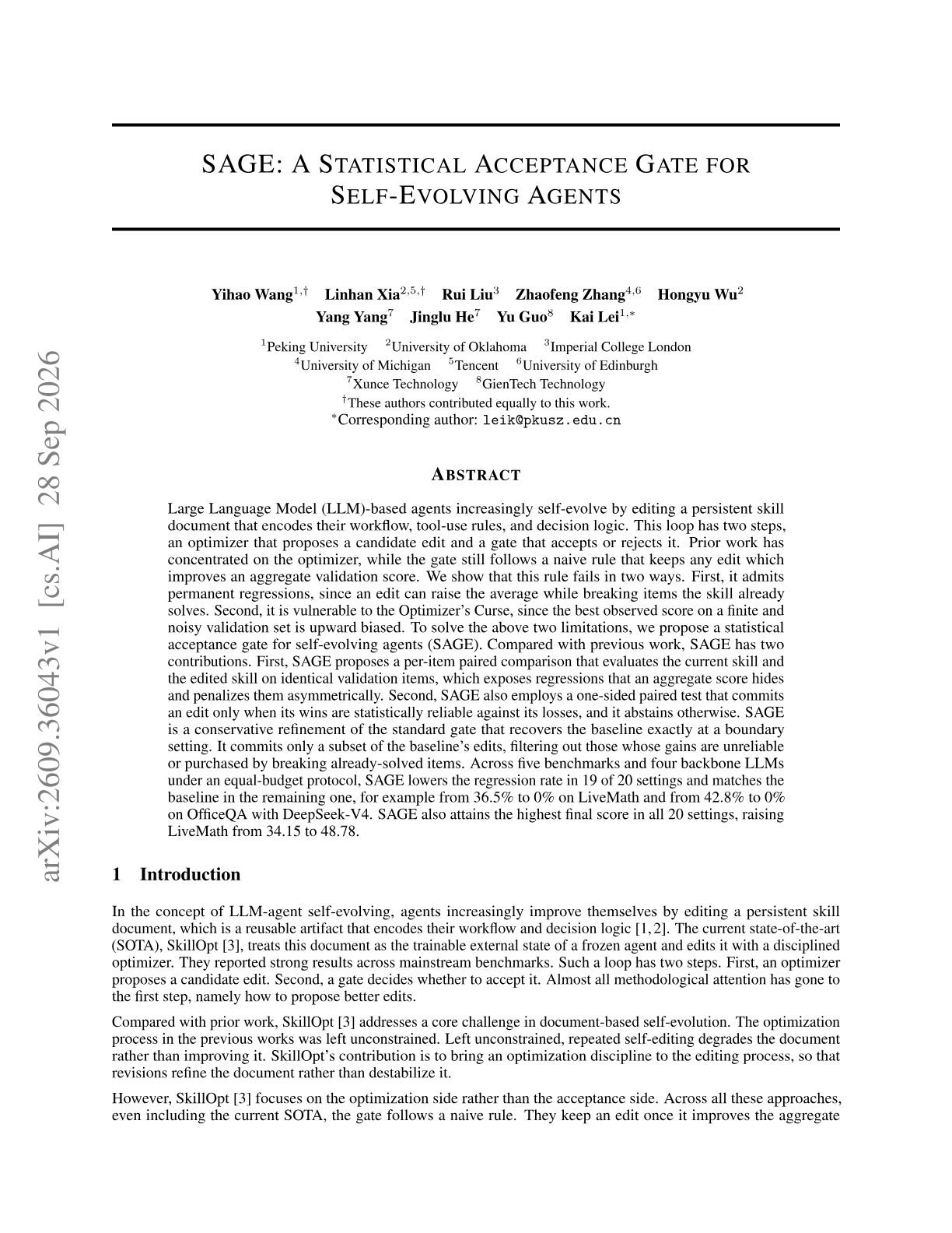 SAGE: A Statistical Acceptance Gate for Self-Evolving Agents