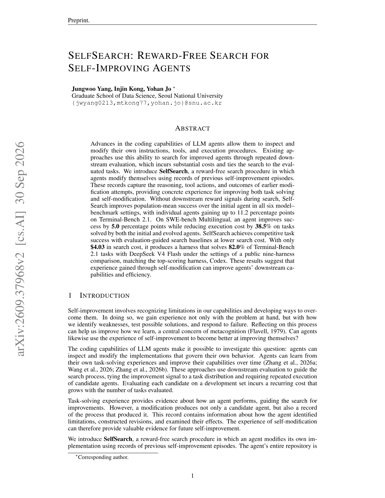 SelfSearch: Reward-Free Search for Self-Improving Agents