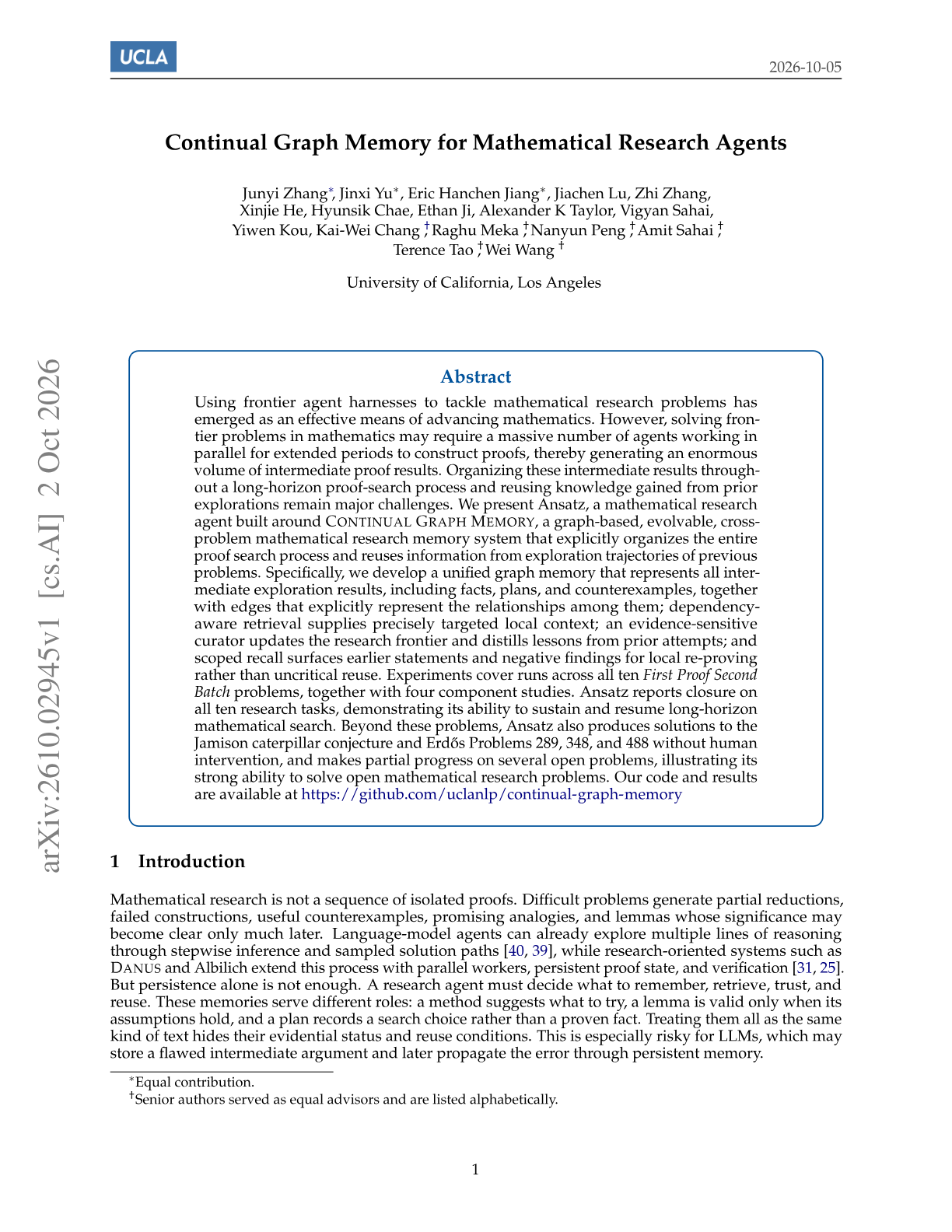 Continual Graph Memory for Mathematical Research Agents