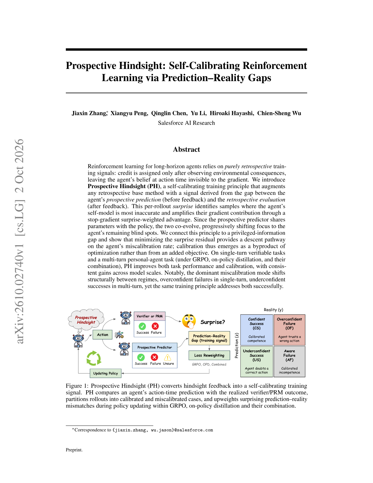 Prospective Hindsight: Self-Calibrating Reinforcement Learning via Prediction-Reality Gaps