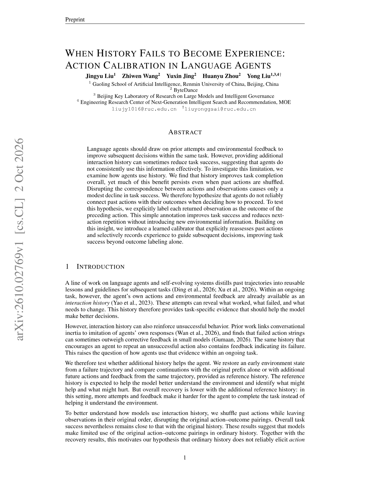 When History Fails to Become Experience: Action Calibration in Language Agents