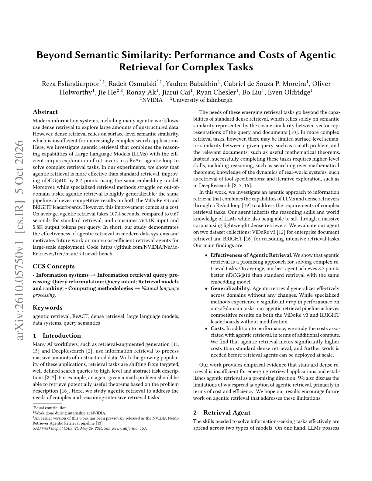 Beyond Semantic Similarity: Performance and Costs of Agentic Retrieval for Complex Tasks