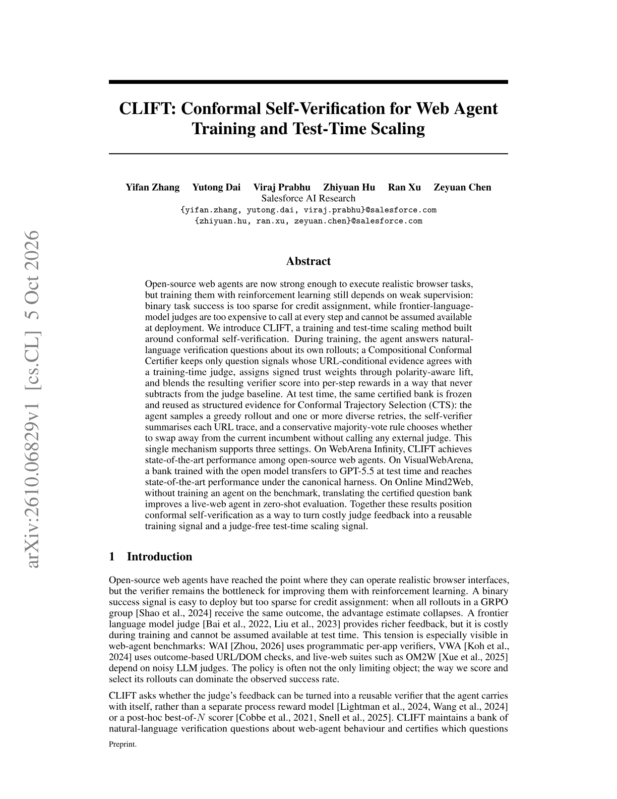 CLIFT: Conformal Self-Verification for Web Agent Training and Test-Time Scaling