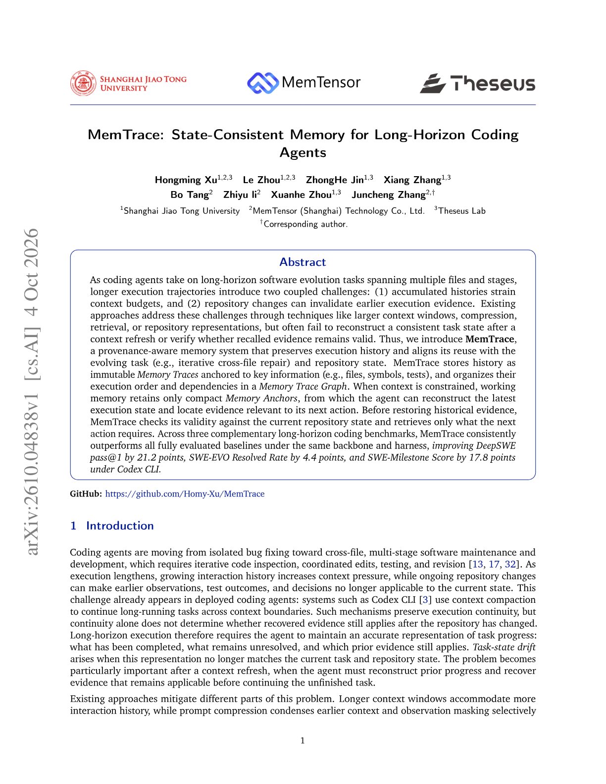 MemTrace: State-Consistent Memory for Long-Horizon Coding Agents