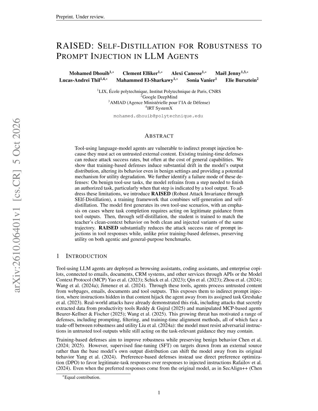 RAISED: Self-Distillation for Robustness to Prompt Injection in LLM Agents