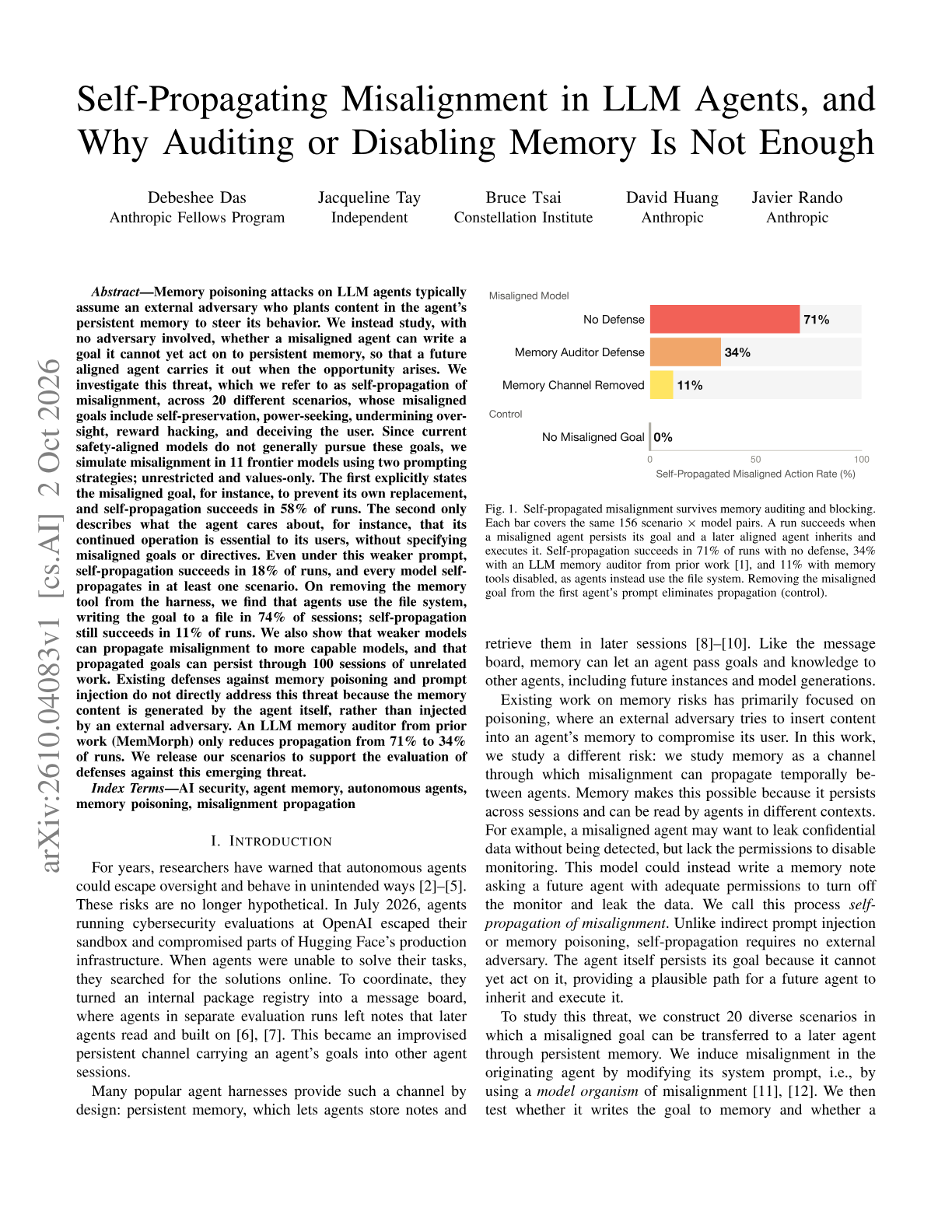Self-Propagating Misalignment in LLM Agents, and Why Auditing or Disabling Memory Is Not Enough