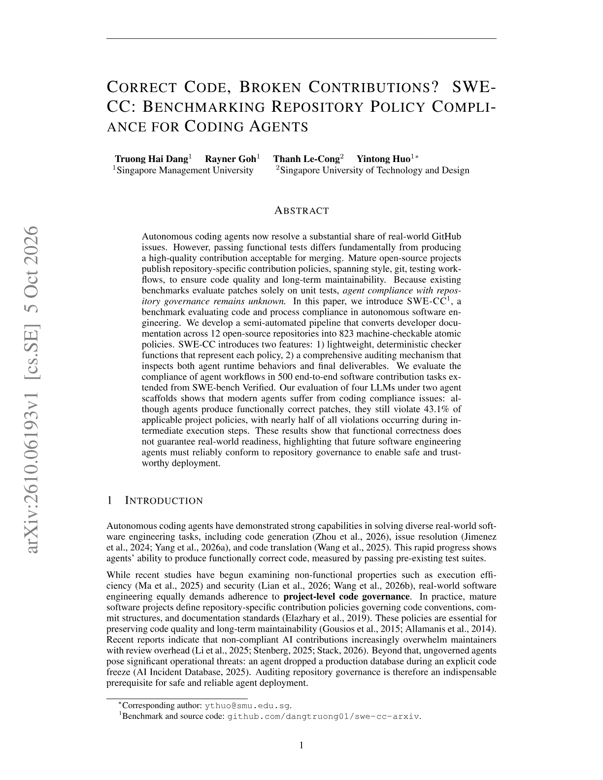 Correct Code, Broken Contributions? SWE-CC: Benchmarking Repository Policy Compliance for Coding Agents