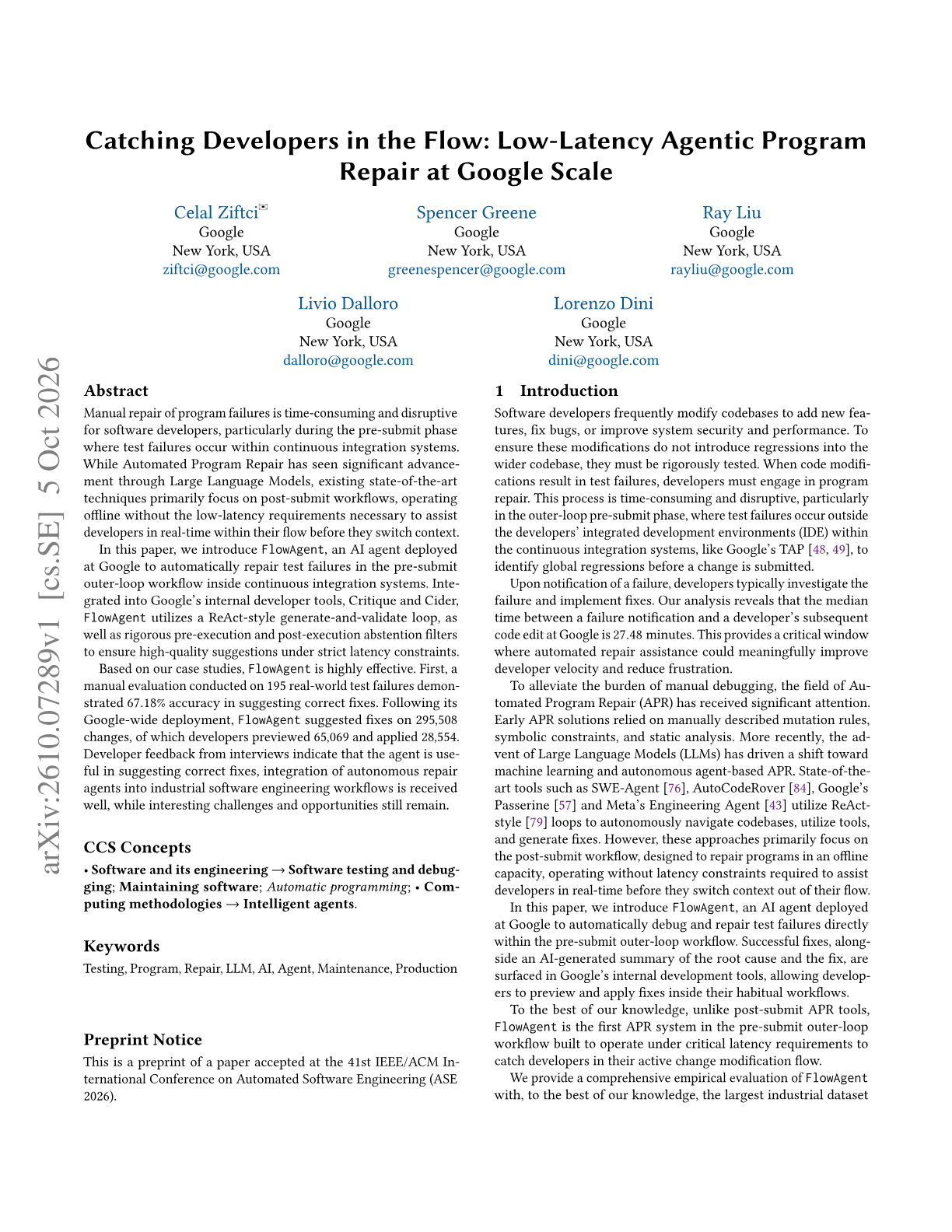 Catching Developers in the Flow: Low-Latency Agentic Program Repair at Google Scale