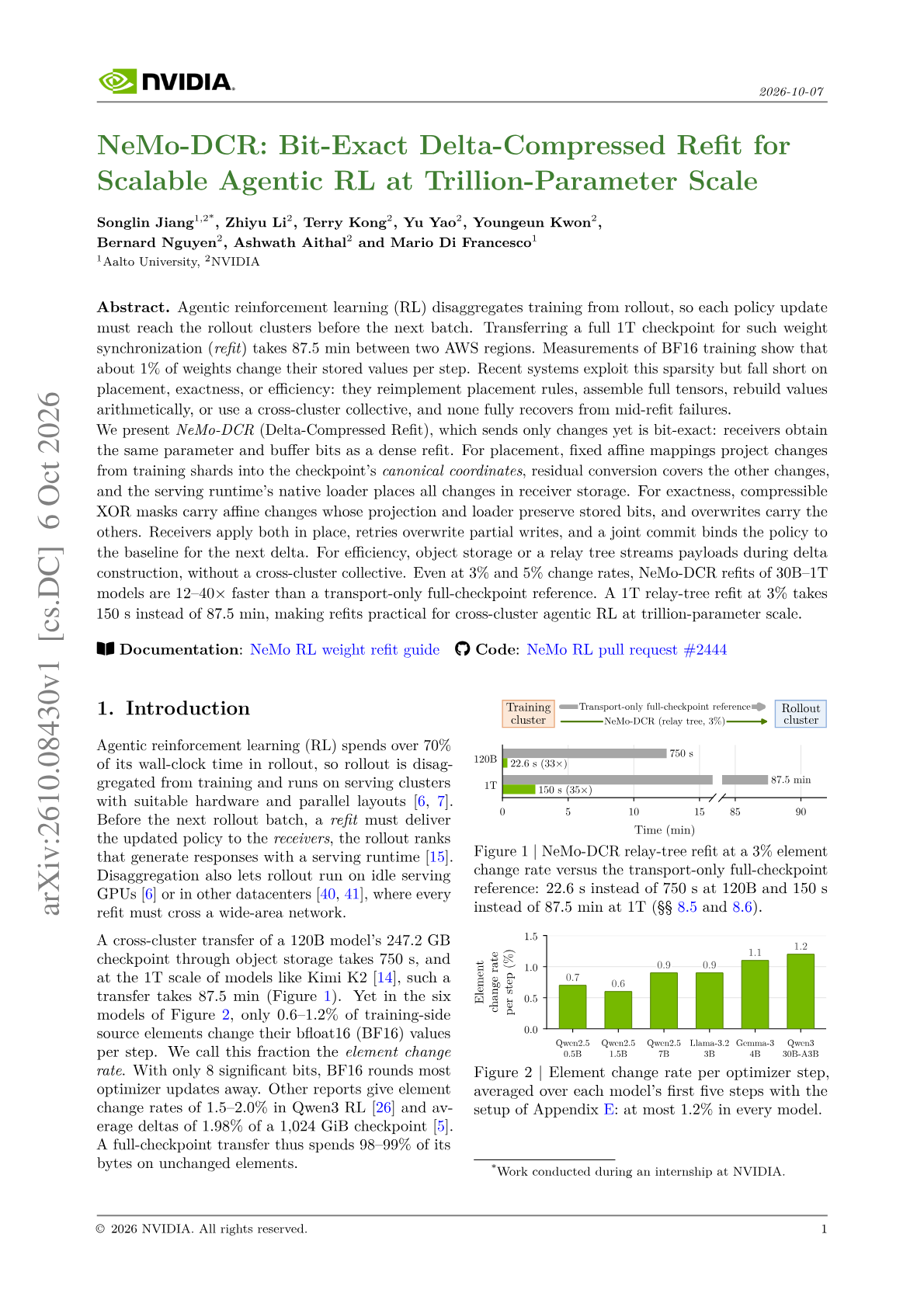 NeMo-DCR: Bit-Exact Delta-Compressed Refit for Scalable Agentic RL at Trillion-Parameter Scale