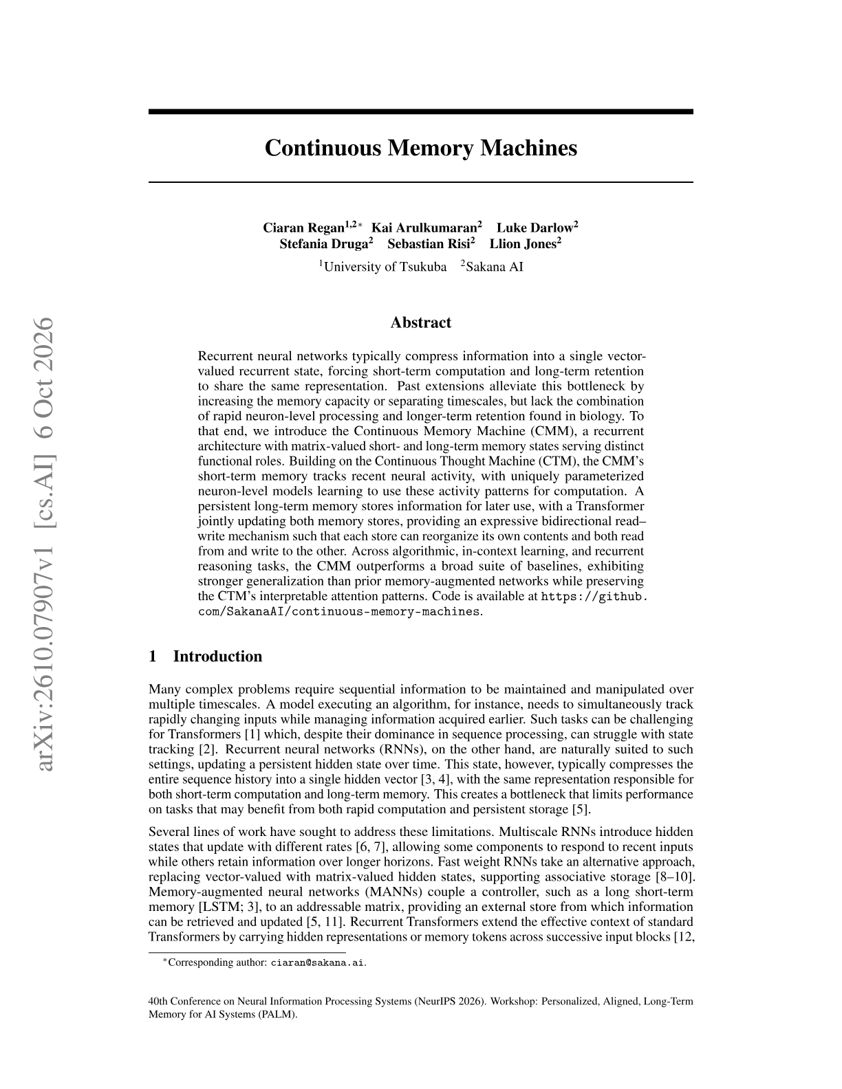 Continuous Memory Machines