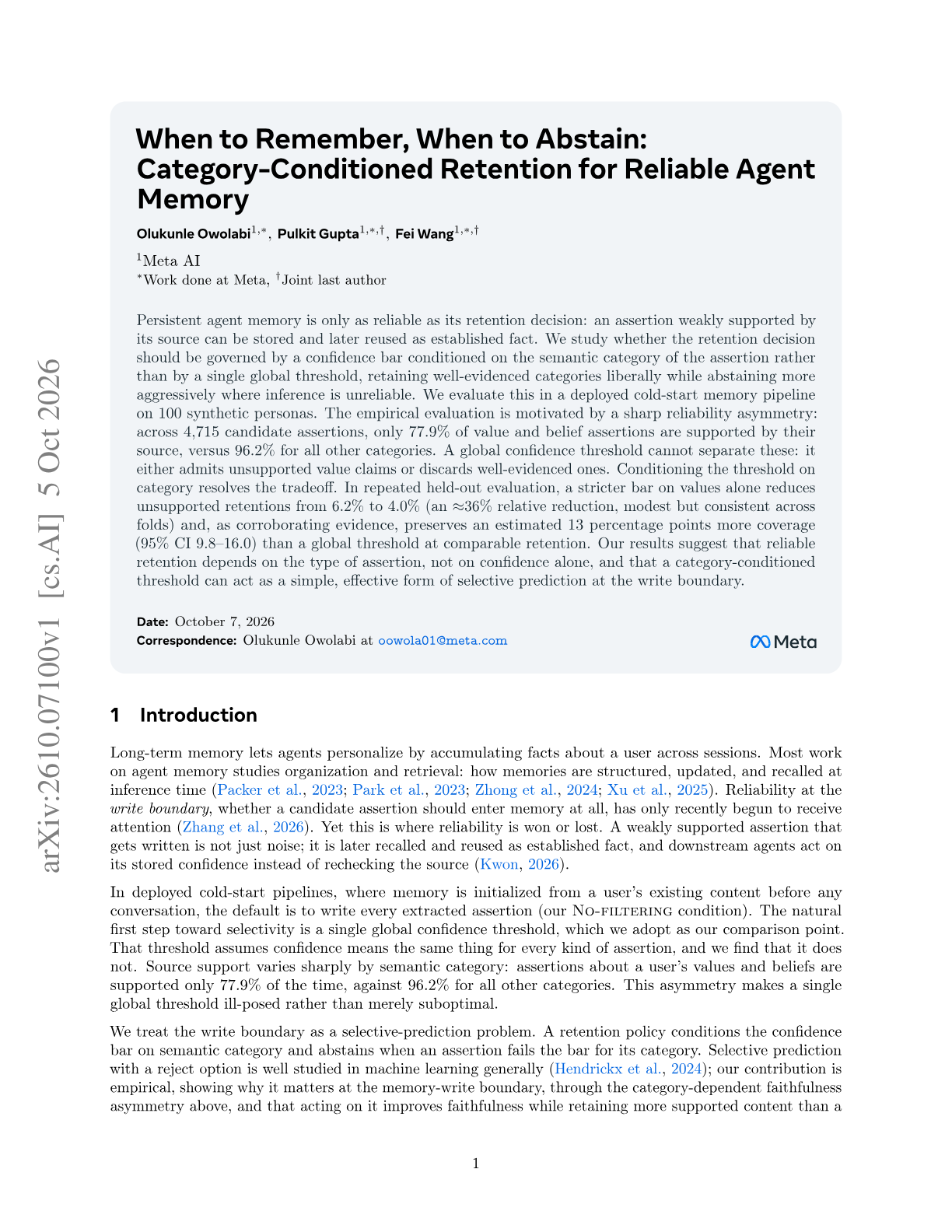 When to Remember, When to Abstain: Category-Conditioned Retention for Reliable Agent Memory