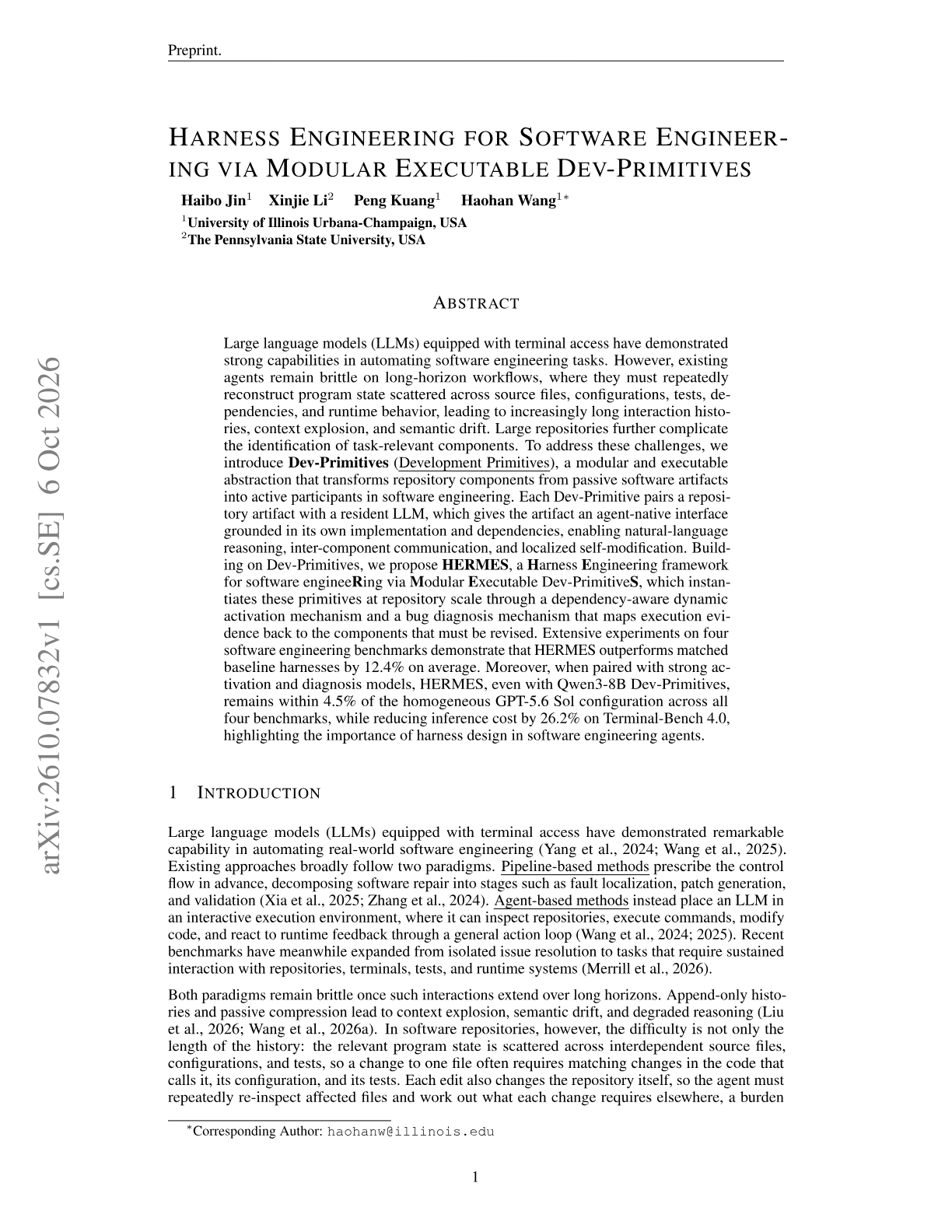 Harness Engineering for Software Engineering via Modular Executable Dev-Primitives