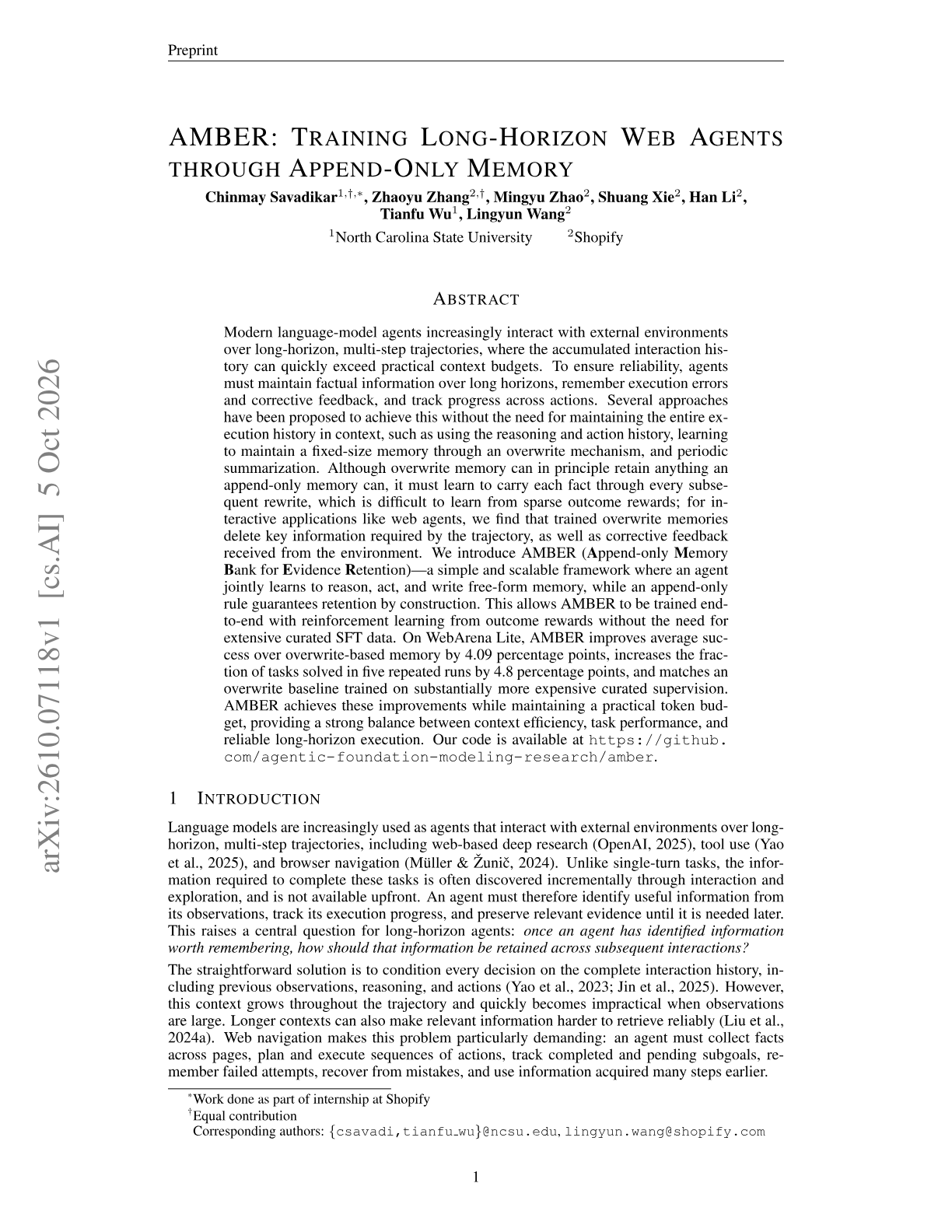 AMBER: Training Long-Horizon Web Agents through Append-Only Memory