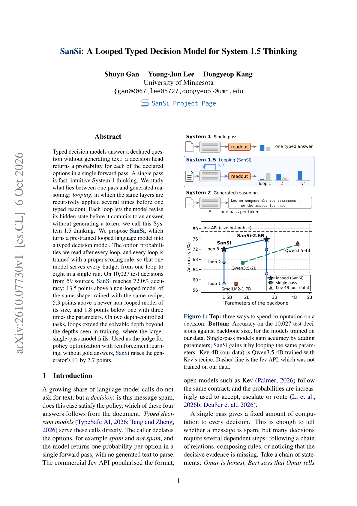 SanSi: A Looped Typed Decision Model for System 1.5 Thinking