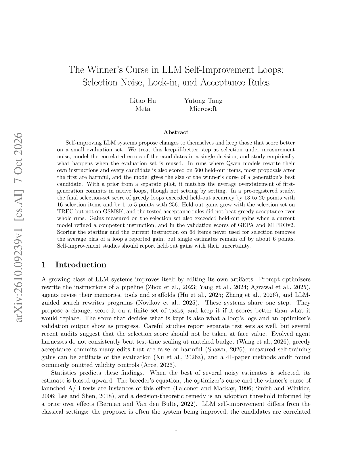 The Winner's Curse in LLM Self-Improvement Loops: Selection Noise, Lock-in, and Acceptance Rules