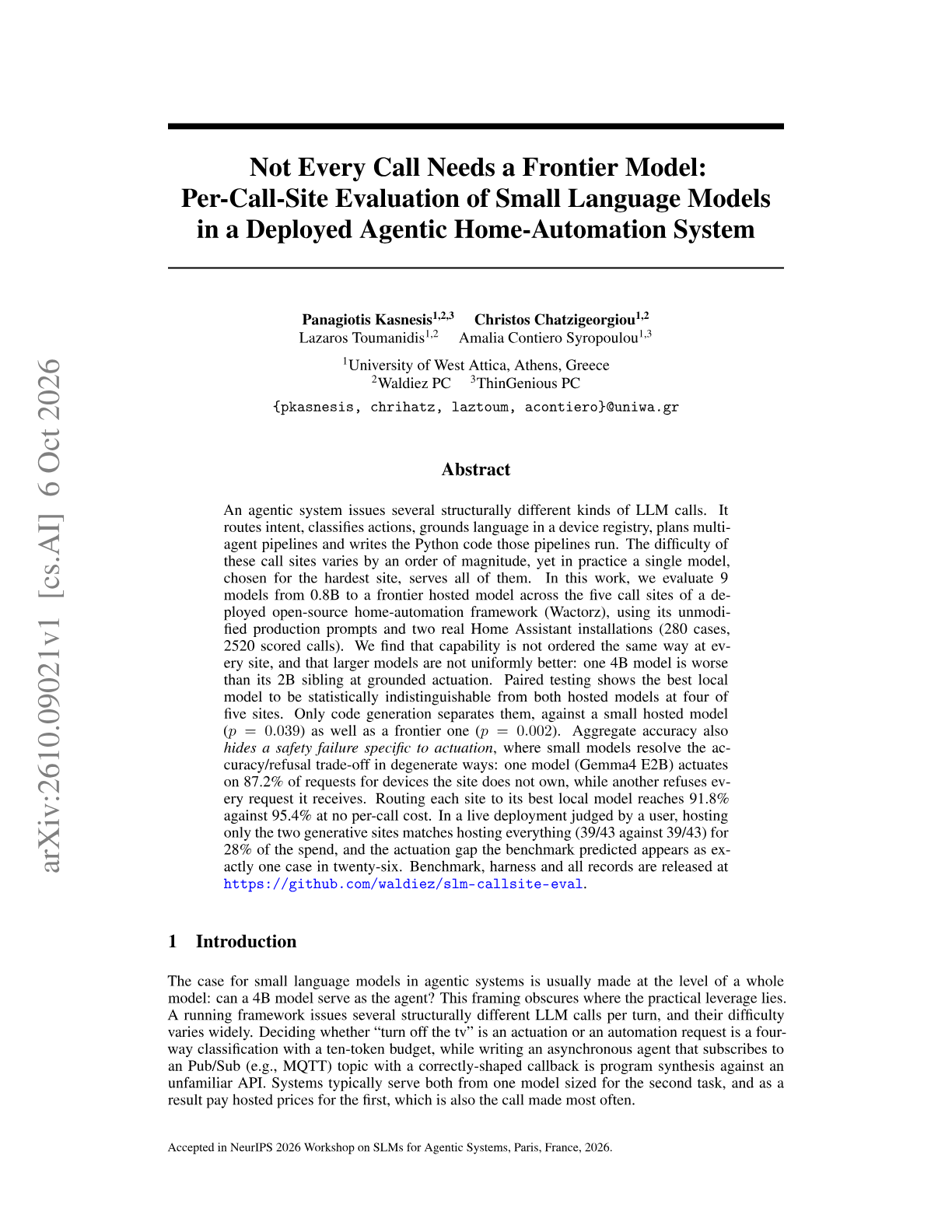 Not Every Call Needs a Frontier Model: Per-Call-Site Evaluation of Small Language Models in a Deployed Agentic Home-Automation System