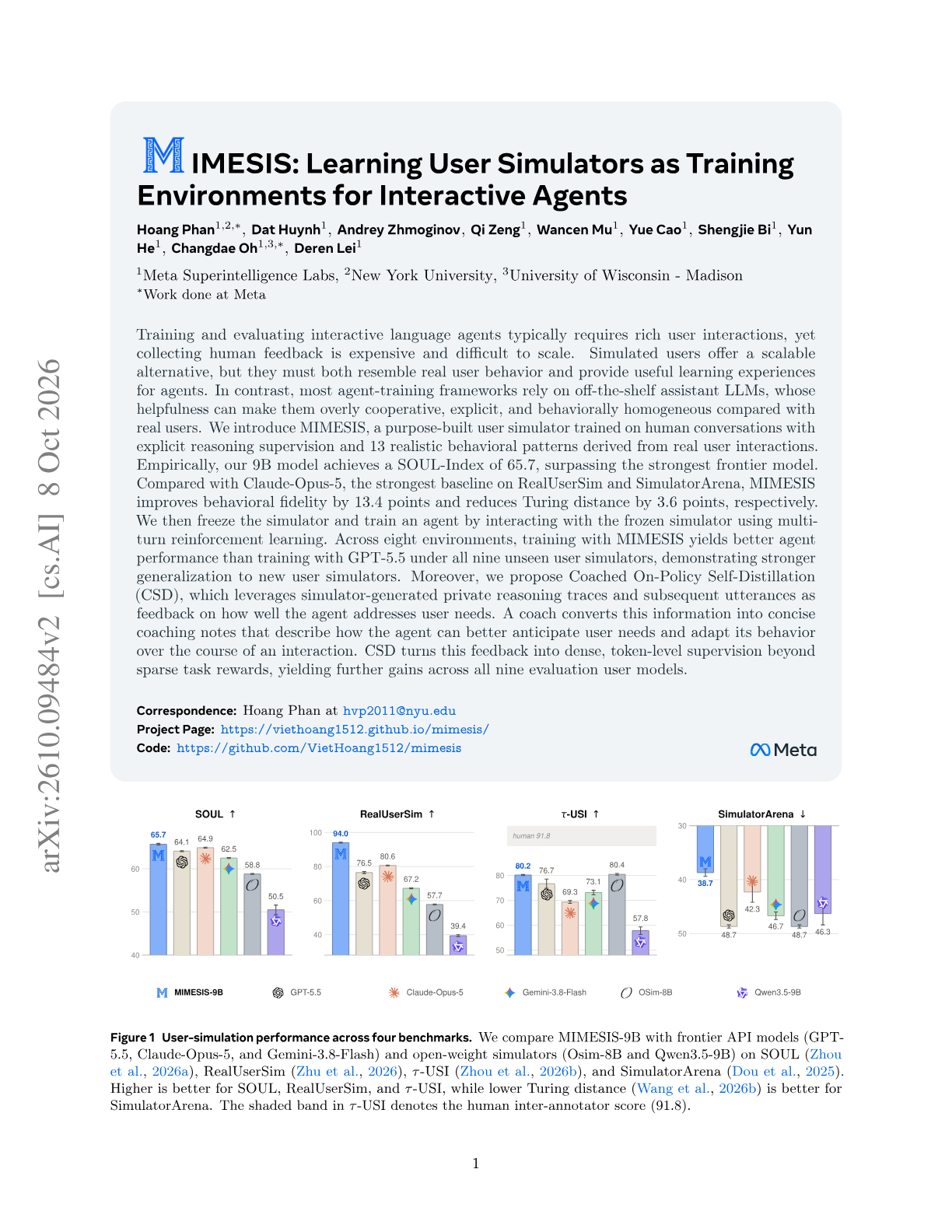 MIMESIS: Learning User Simulators as Training Environments for Interactive Agents