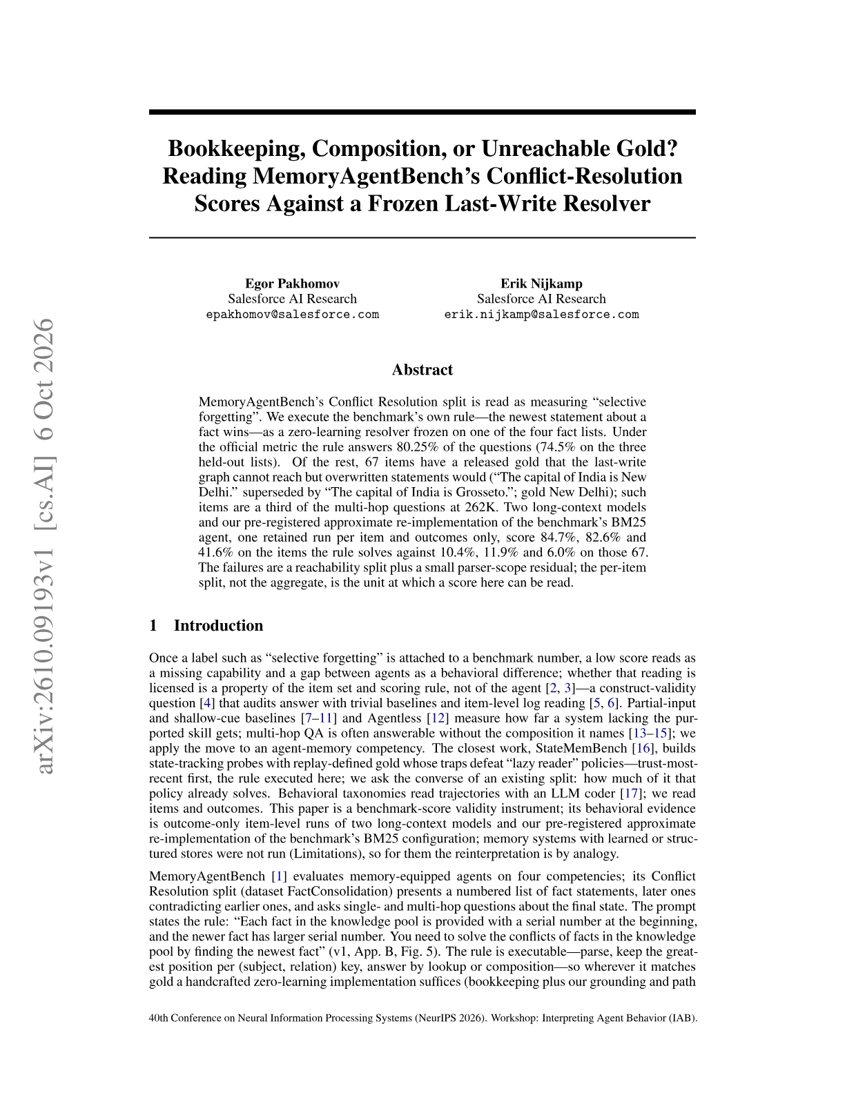 Bookkeeping, Composition, or Unreachable Gold? Reading MemoryAgentBench's Conflict-Resolution Scores Against a Frozen Last-Write Resolver