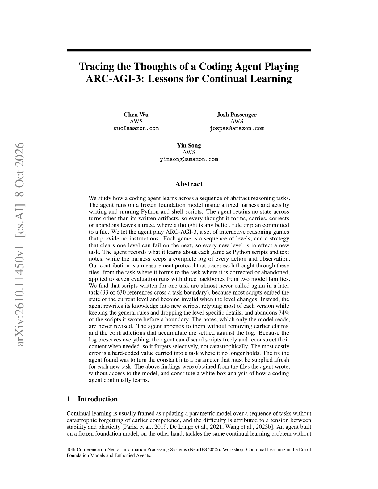 Tracing the Thoughts of a Coding Agent Playing ARC-AGI-3: Lessons for Continual Learning
