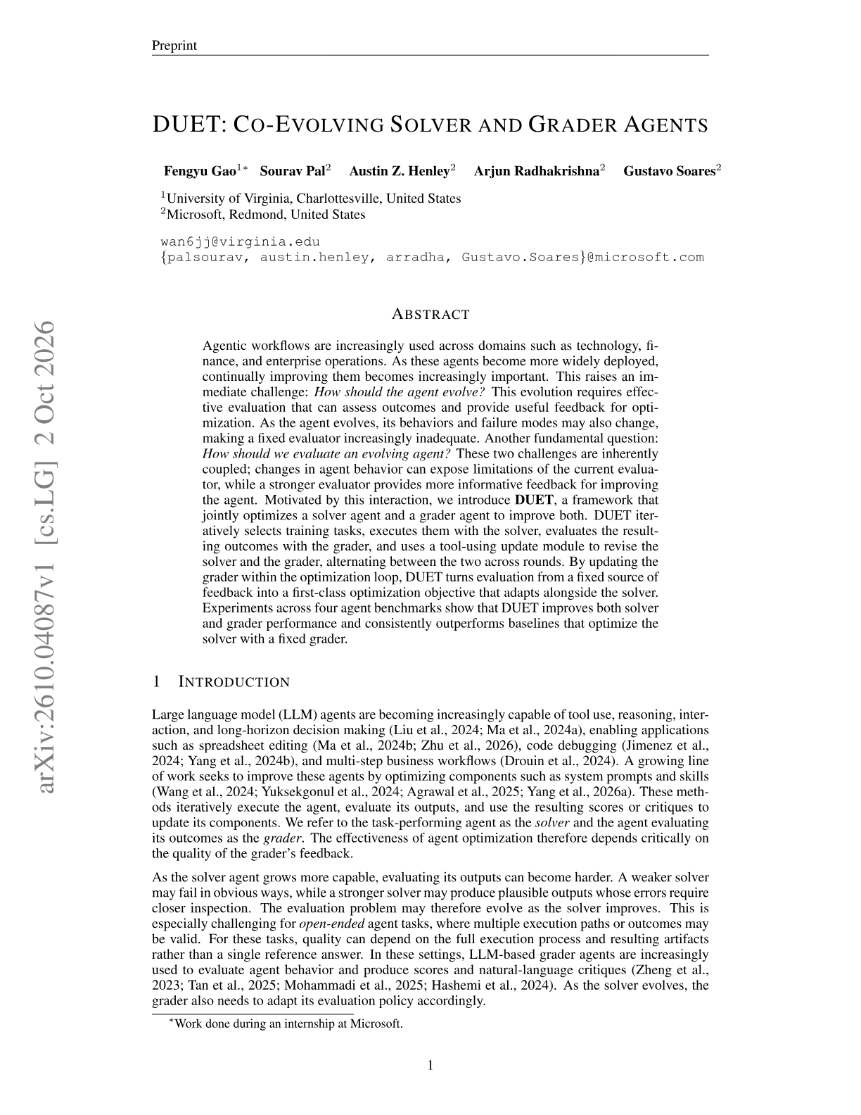 DUET: Co-Evolving Solver and Grader Agents