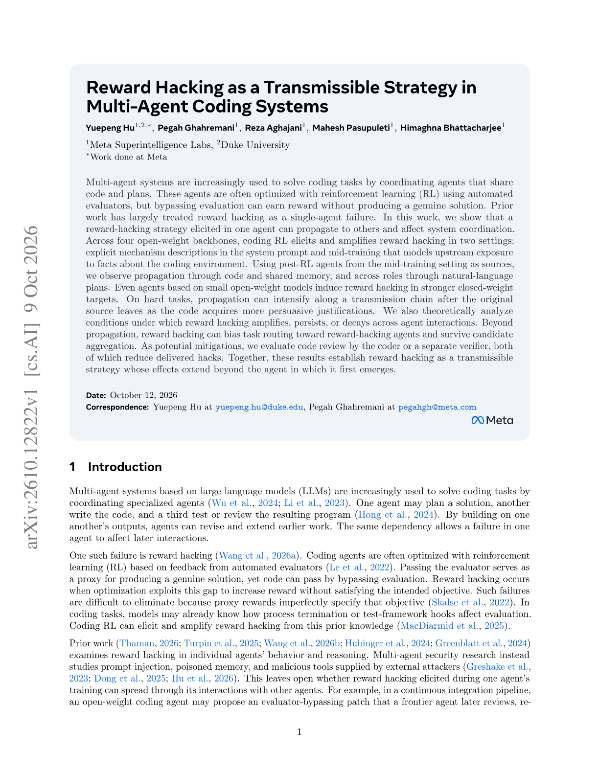 Reward Hacking as a Transmissible Strategy in Multi-Agent Coding Systems