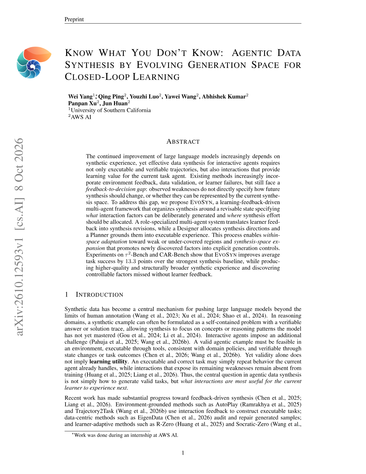 Know What You Don't Know: Agentic Data Synthesis by Evolving Generation Space for Closed-Loop Learning