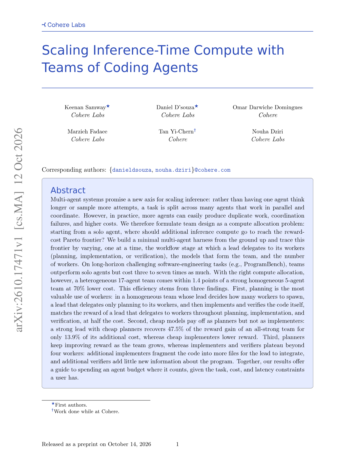 Scaling Inference-Time Compute with Teams of Coding Agents