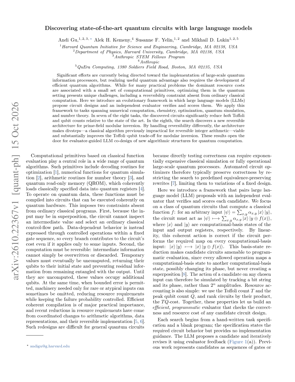 Discovering state-of-the-art quantum circuits with large language models