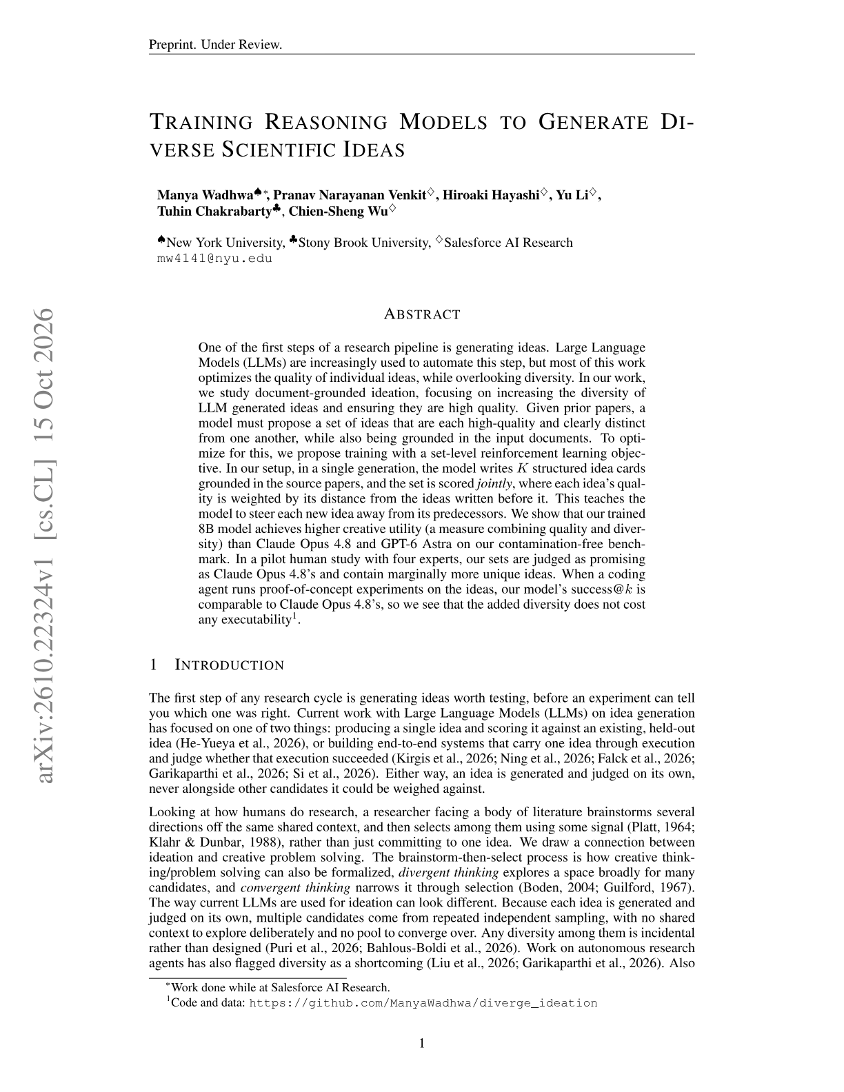 Training Reasoning Models to Generate Diverse Scientific Ideas
