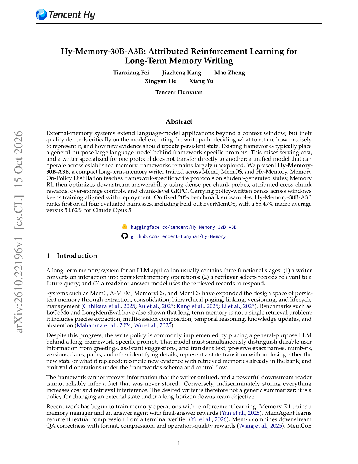 Hy-Memory-30B-A3B: Attributed Reinforcement Learning for Long-Term Memory Writing