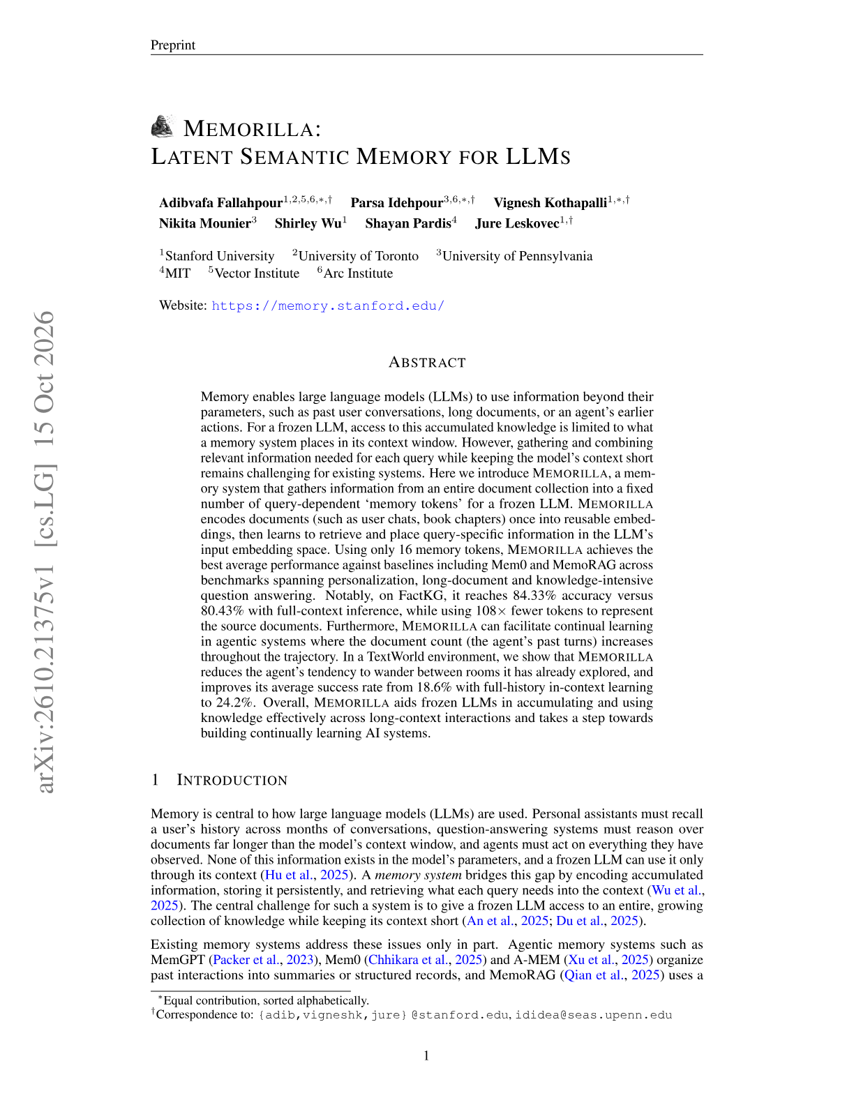 Memorilla: Latent Semantic Memory for LLMs