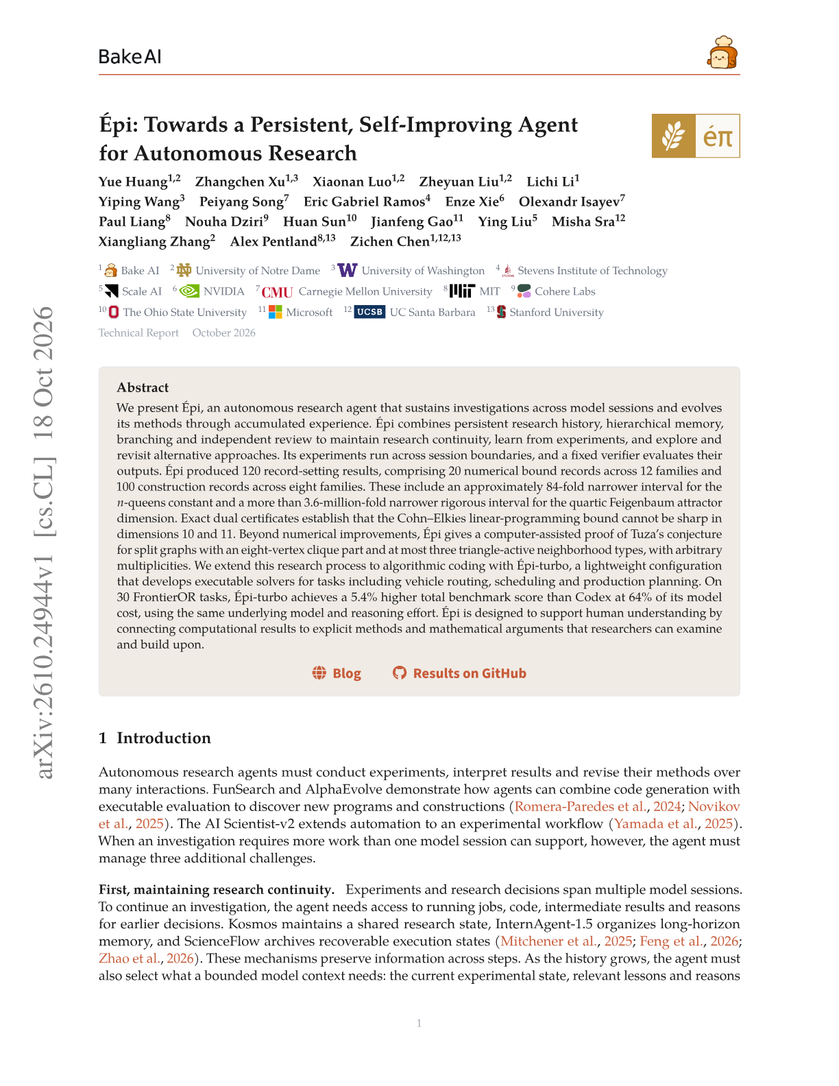 Epi: Towards a Persistent, Self-Improving Agent for Autonomous Research