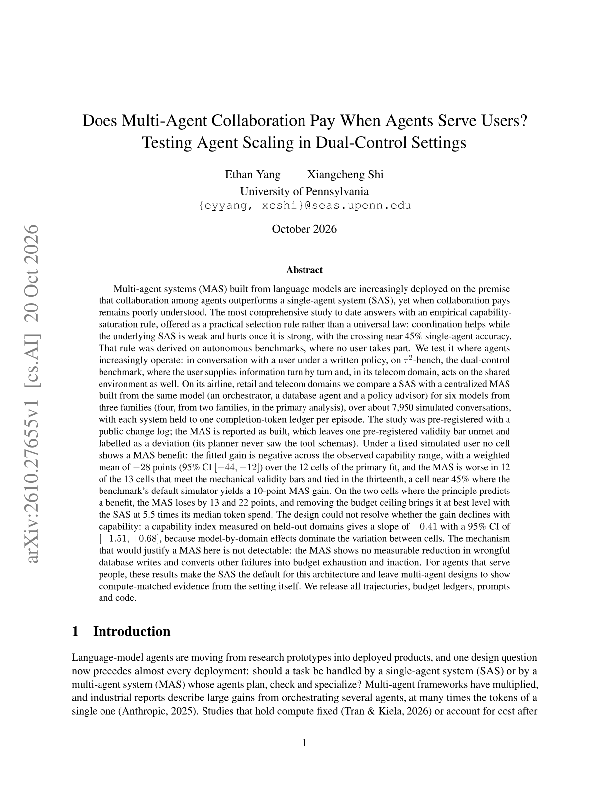 Does Multi-Agent Collaboration Pay When Agents Serve Users? Testing Agent Scaling in Dual-Control Settings