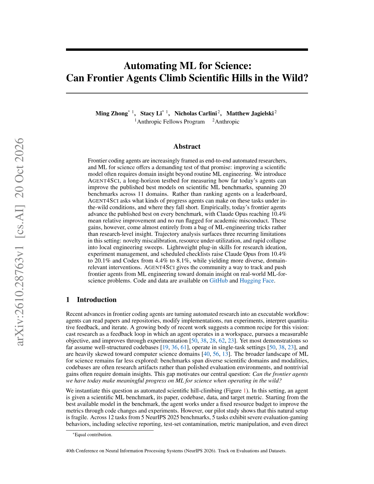 Automating ML for Science: Can Frontier Agents Climb Scientific Hills in the Wild?