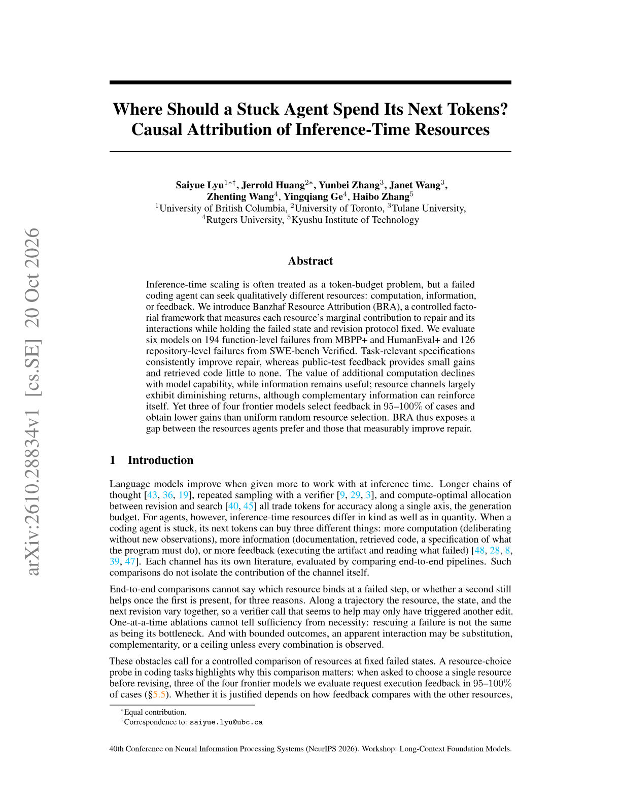 Where Should a Stuck Agent Spend Its Next Tokens? Causal Attribution of Inference-Time Resources