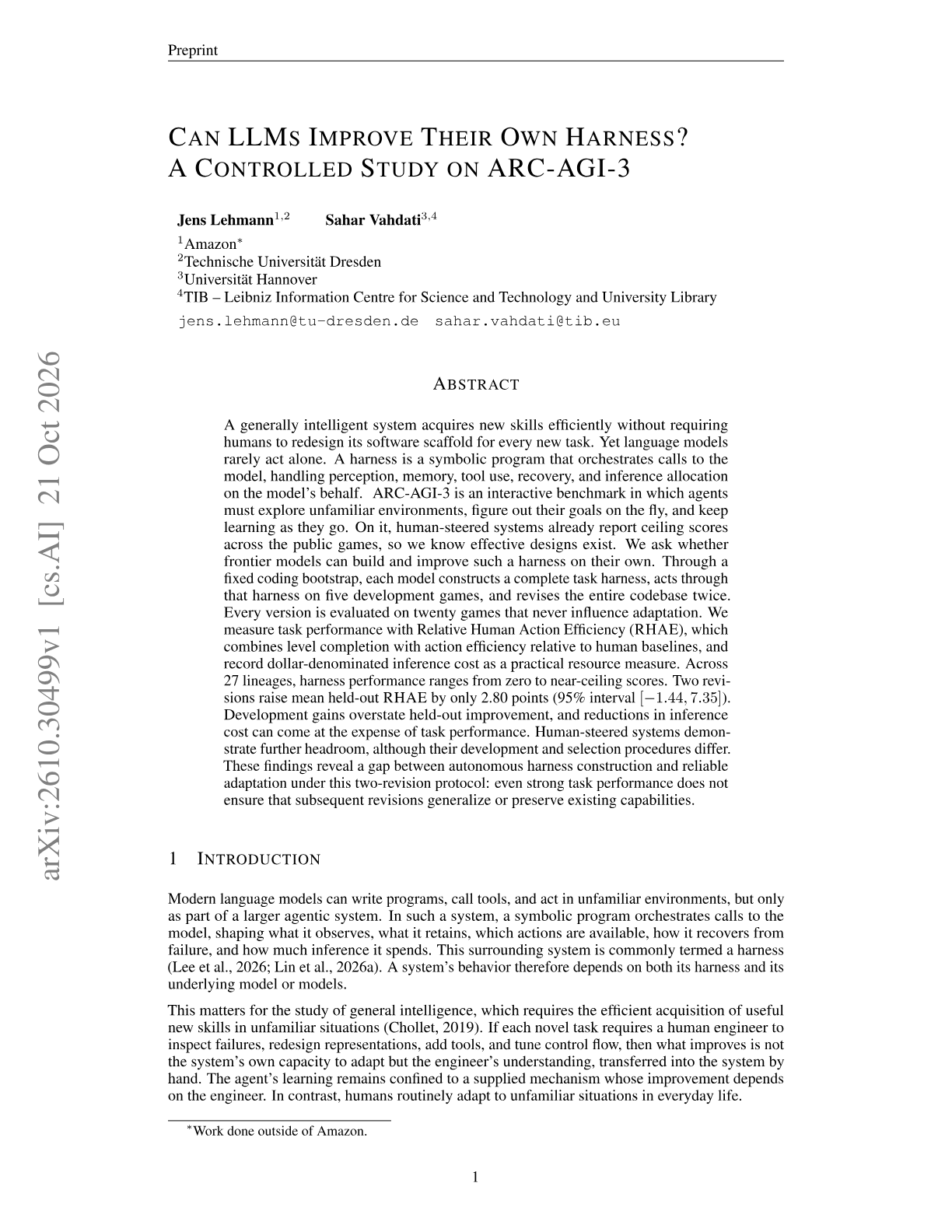 Can LLMs Improve Their Own Harness? A Controlled Study on ARC-AGI-3
