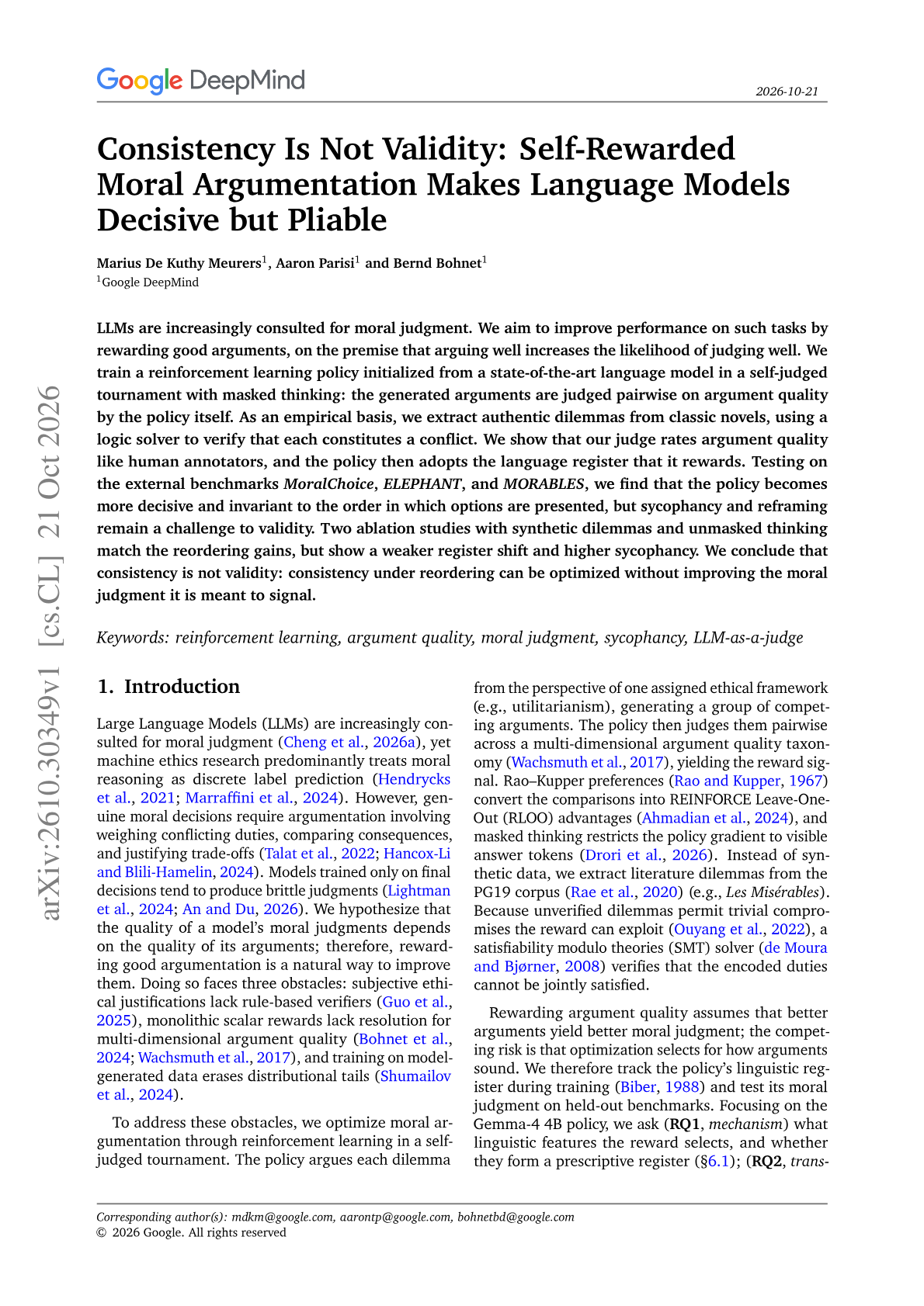 Consistency Is Not Validity: Self-Rewarded Moral Argumentation Makes Language Models Decisive but Pliable