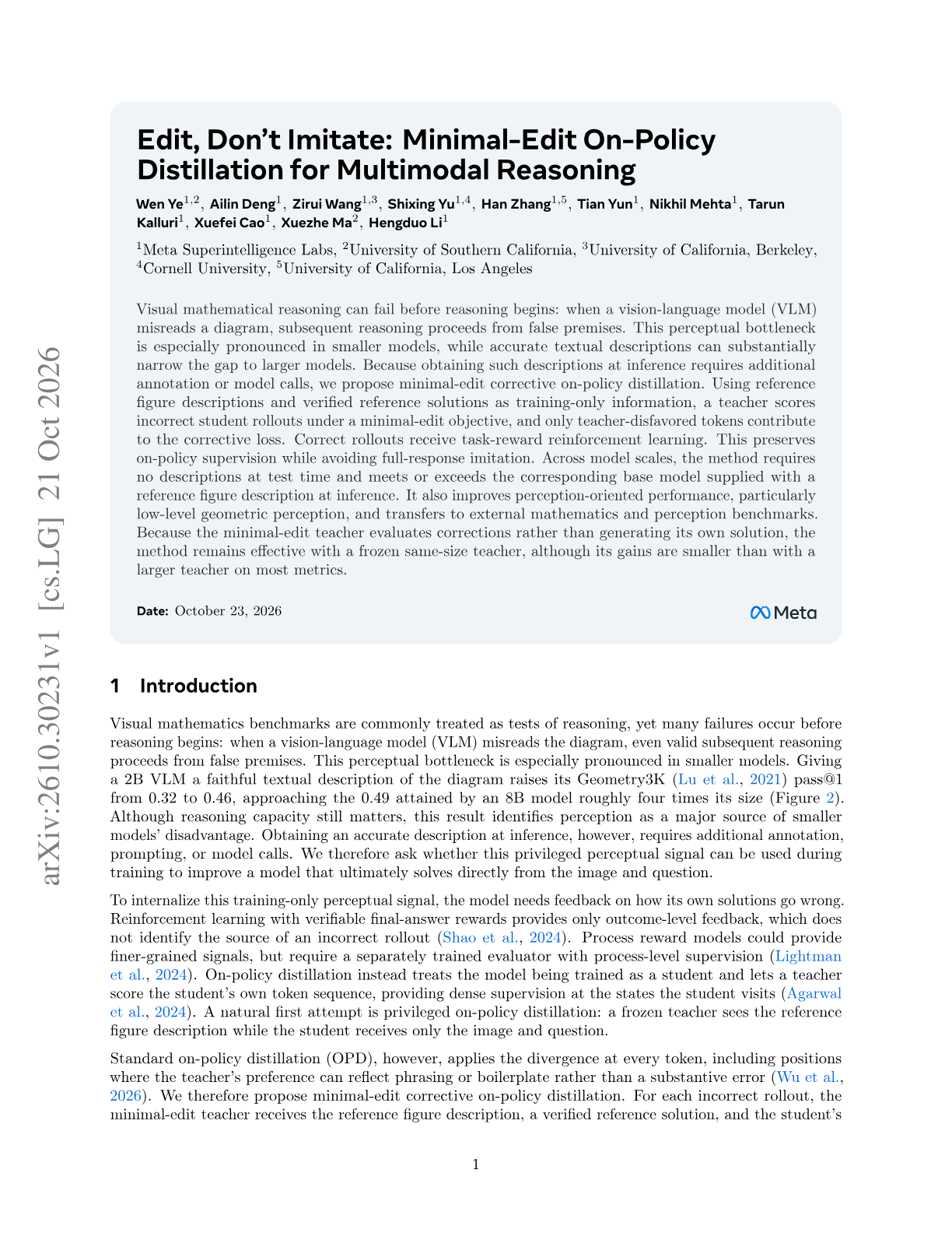 Edit, Don't Imitate: Minimal-Edit On-Policy Distillation for Multimodal Reasoning