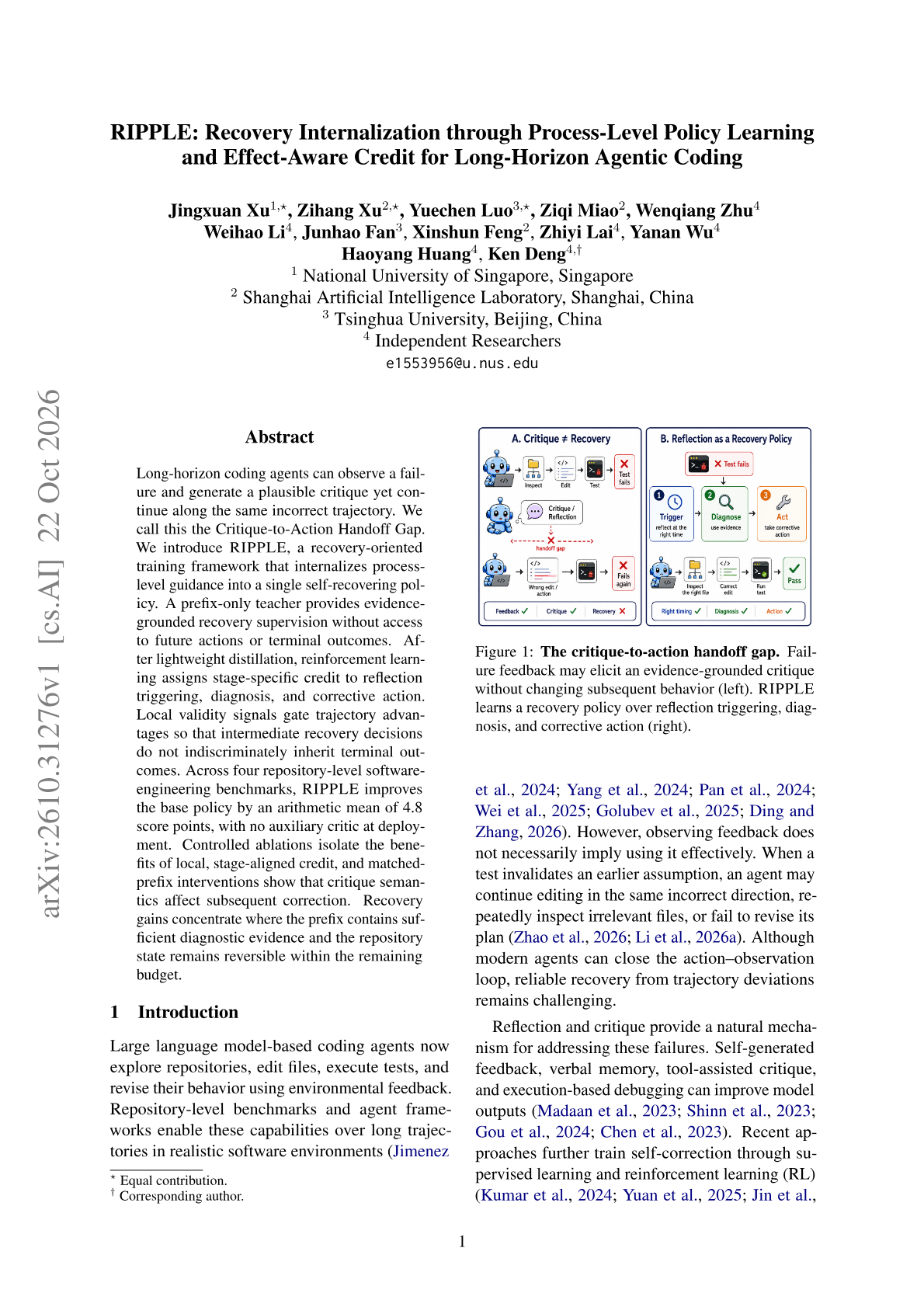 RIPPLE: Recovery Internalization through Process-Level Policy Learning and Effect-Aware Credit for Long-Horizon Agentic Coding