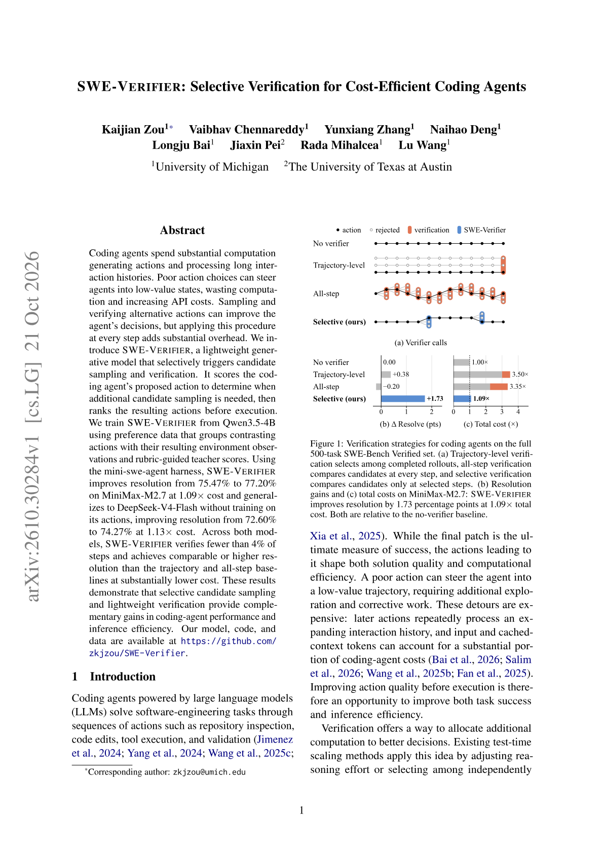 SWE-VERIFIER: Selective Verification for Cost-Efficient Coding Agents
