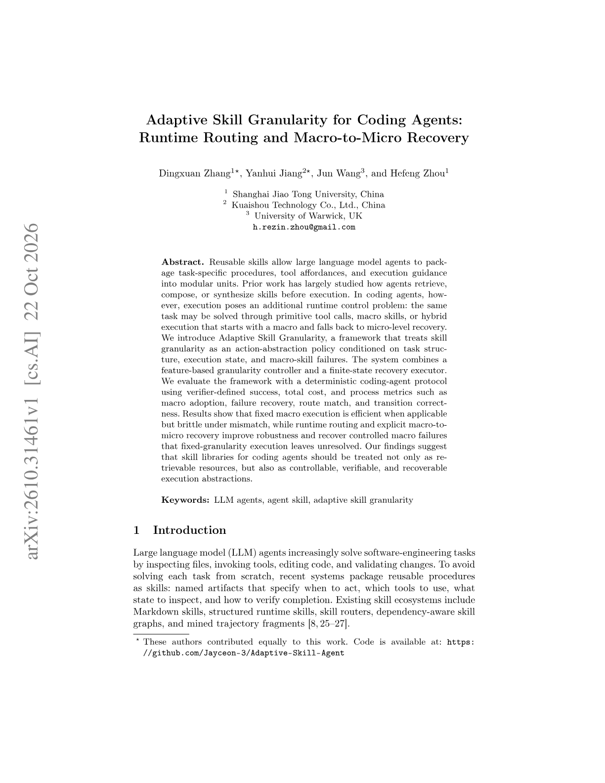 Adaptive Skill Granularity for Coding Agents: Runtime Routing and Macro-to-Micro Recovery