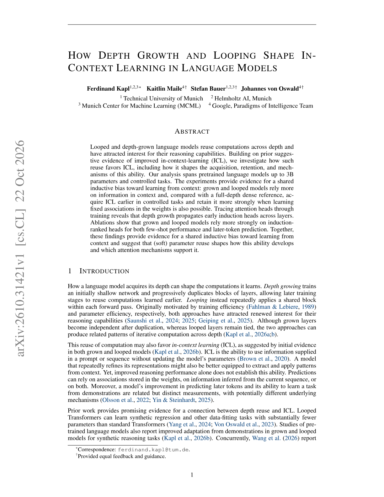 How Depth Growth and Looping Shape In-Context Learning in Language Models