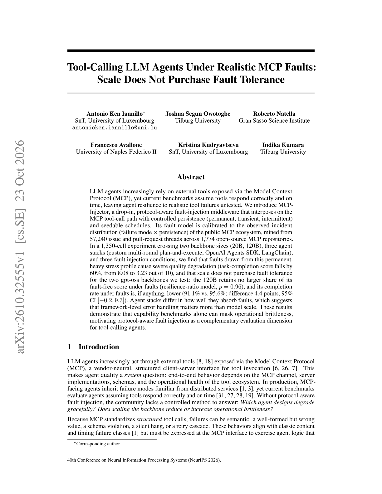 Tool-Calling LLM Agents Under Realistic MCP Faults: Scale Does Not Purchase Fault Tolerance
