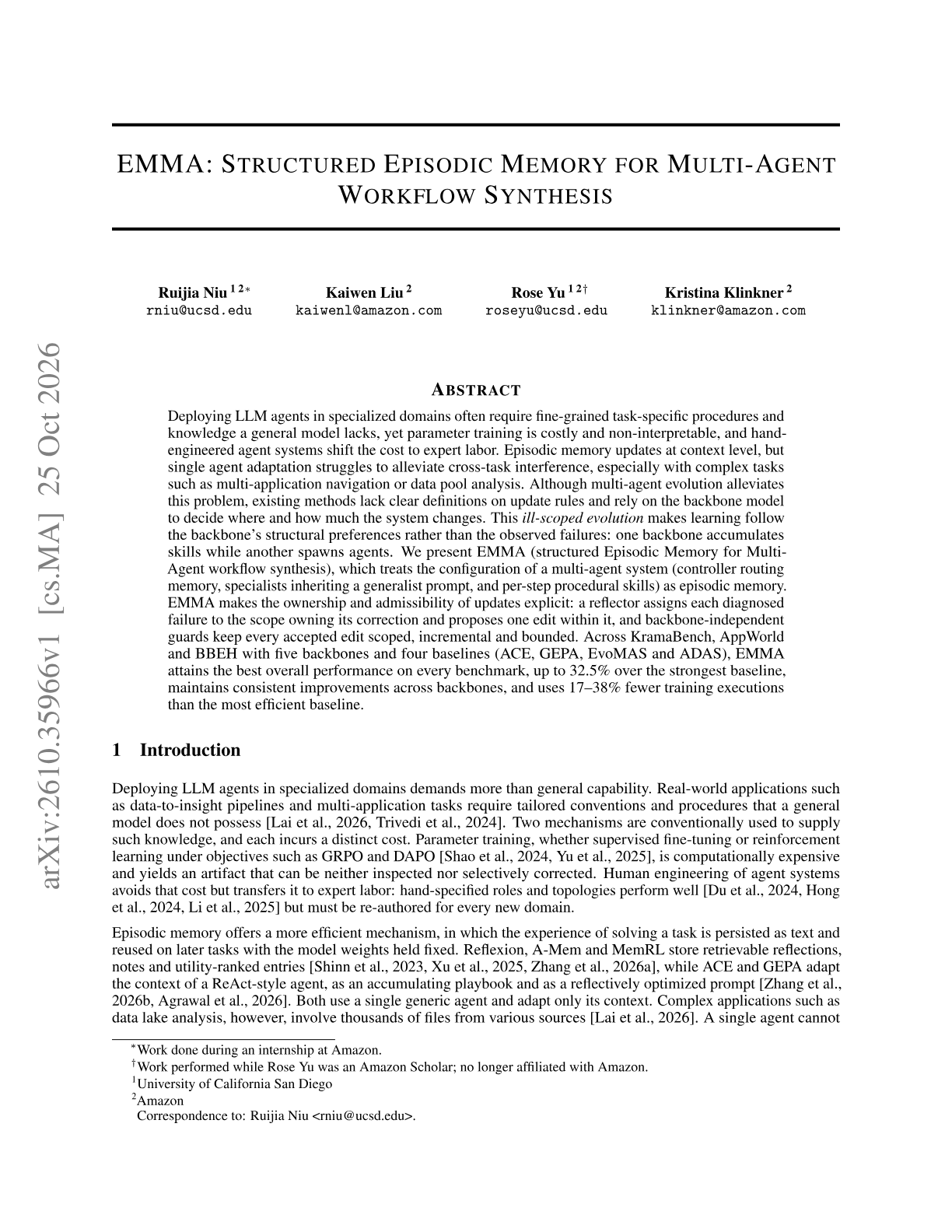 EMMA: Structured Episodic Memory for Multi-Agent Workflow Synthesis