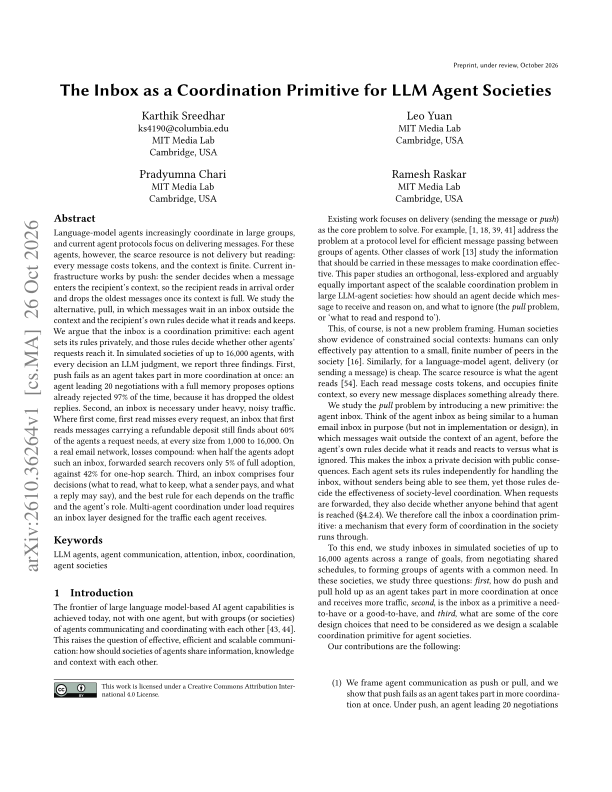 The Inbox as a Coordination Primitive for LLM Agent Societies